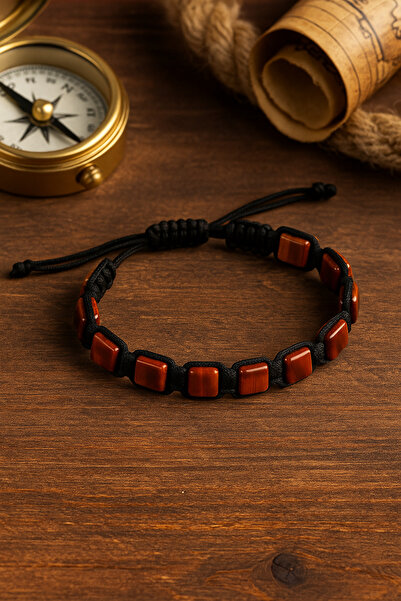 Puffy Men's Macrame Bracelet – Red Jaspis Natural Stone & Black Rope