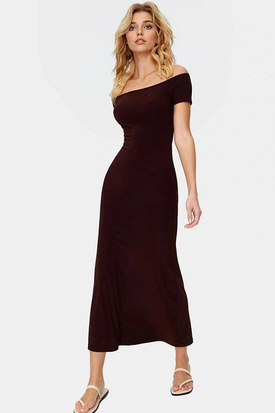 PayBuy Maxi Dress Knitted Fabric Short Sleeve Carmen Collar Bodycon Fit Summer Perfect Fit