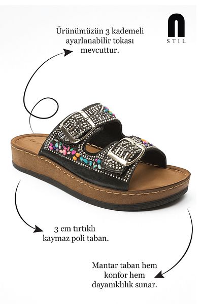 İmerShoes Daily Women's Slippers Double Buckle Stone Bead Detailed Soft Stitched Orthopedic Cork Sole 34155
