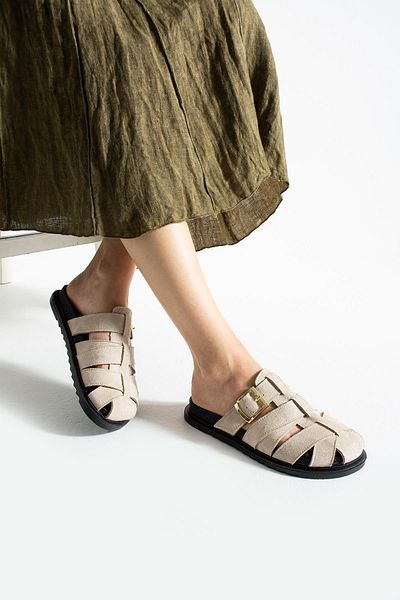 diclepolat Patter Beige Suede Belt Buckle Detailed Flat Sole Women's Slippers