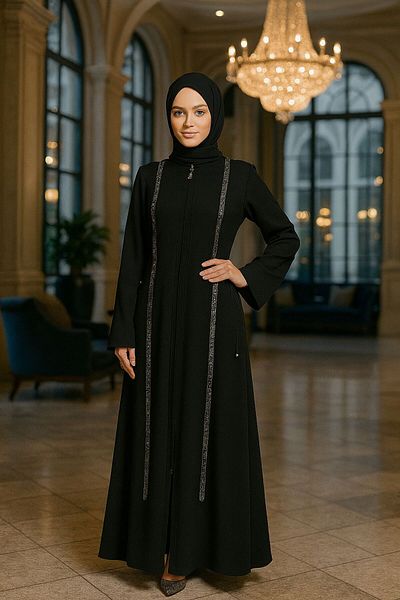 Neva Style Μαύρο Hijab Ferace με λεπτομέρεια με χάντρες 20008s