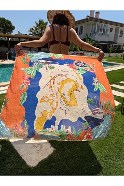 NUNE DESIGN Turuncu Renkli Desenli Pareo Vual Kumaş 1.05 * 1.05 Cm