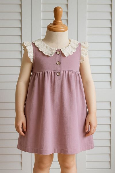 Baby Lace Detail Linen Thin Summer Lila Colored Girl's Dress for Eid