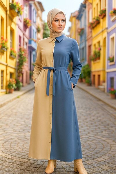 Neva Style Μπλοκ Χρώμα Indigo Blue Hijab Φόρεμα 3437ım