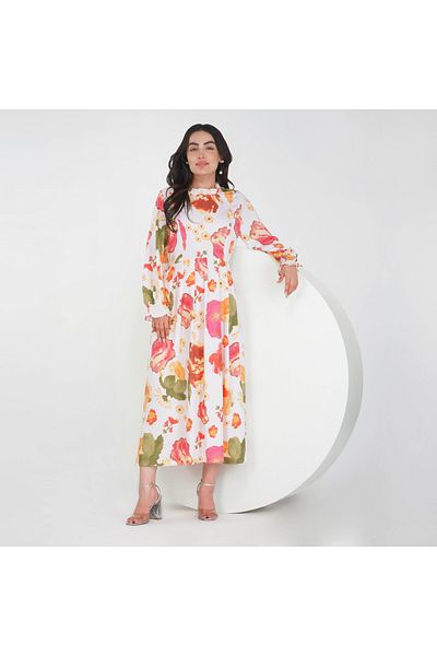 LINELLE Rayon Floral Soft-Tone Maxi Dress – High Neck with Elastic Cuff, Available in 3 Colors.