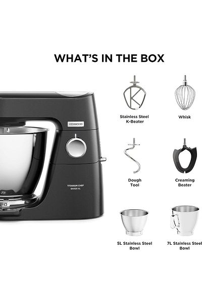 Kenwood Titanium Chef Baker Xl Stand Mixer, 7l 5l Duobowl, Weighing Scale, 5 Tools, Metal Body.