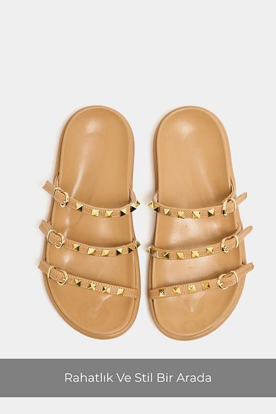 Madamra Mink Women's Gold Staple Detailed Trend Slippers