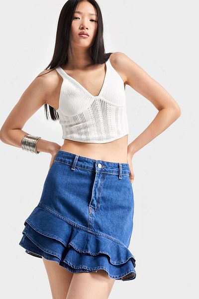 its basic Fusta mini din denim cu volan 100% bumbac de culoare albastră pentru femei 1S5-4