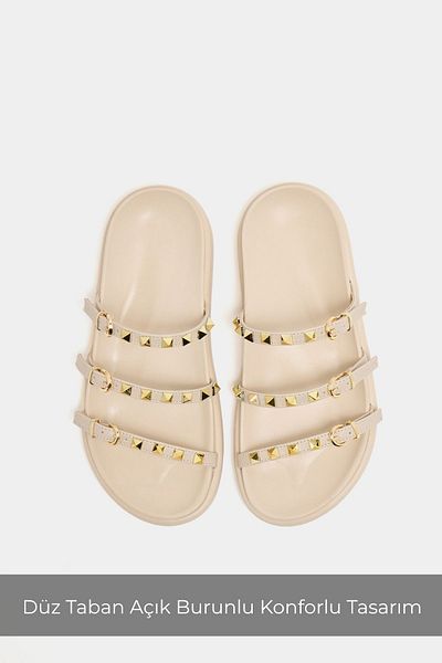 Madamra Cream Women's Gold Staple Detailed Trend Slippers