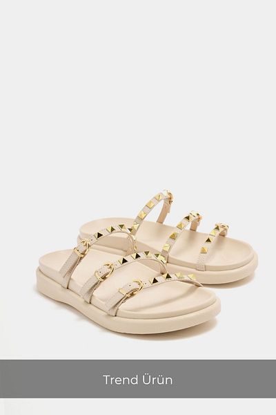 Madamra Cream Women's Gold Staple Detailed Trend Slippers