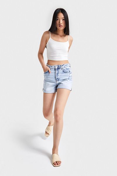 its basic Women's Snow Denim Color 12S5-3 Midi Length Ripped Detailed Double Leg 100% Cotton Denim Shorts