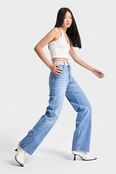 its basic Culoarea albastră pentru femei D-2s5-3 Curea dreaptă cu detaliu din dantelă Talie înaltă 100% bumbac Design Denim Jean