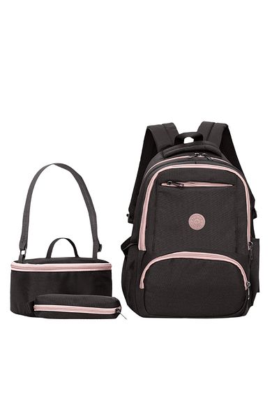 Alone Set de 3 ghiozdane pentru școală primară - Suport pentru creion pentru nutriție rucsac 8581 Negru/pudră