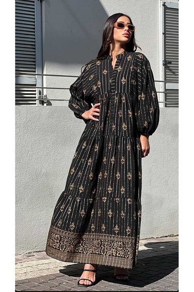 QUAWEAR V Neck Half Placket Button Full Length Dress