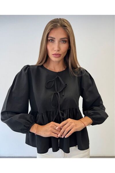 GALAVİP Kadın Siyah Bisiklet Yaka Fiyonk Bağlamalı Prenses Kol Poplin Bluz