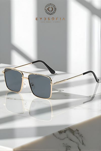 Eyesofia Metal Unisex Square Gold Black Uv400 Sunglasses