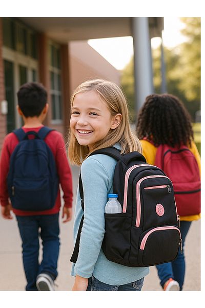 Alone Set de 3 ghiozdane pentru școală primară - Suport pentru creion pentru nutriție rucsac 8581 Negru/pudră