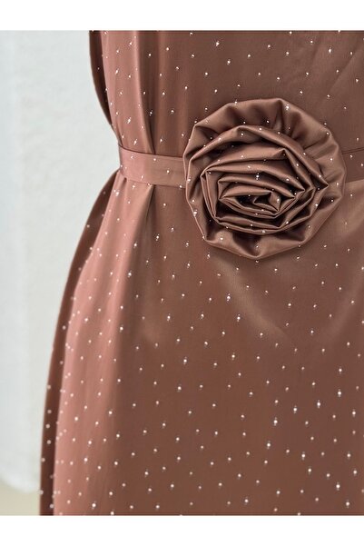 MİHRA STORE Nevin Stoned Rose Satin Φόρεμα-BN4346 Καφέ