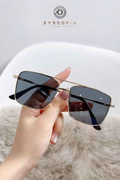 Eyesofia Metal Unisex Square Gold Black Uv400 Sunglasses