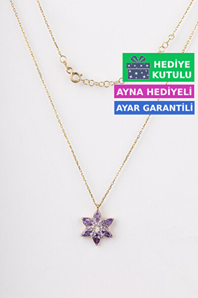 Jewelmim Lotus Çiçeği Gümüş Kolye | Sarı Altın Kaplama Mor Taşlı 925 Ayar Kad...