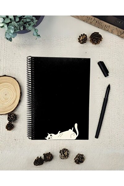 Tasarım Siyah Defter Sevimli Kedi Temalı Siyah Yapraklı Ahşap Kapaklı Anı Def...