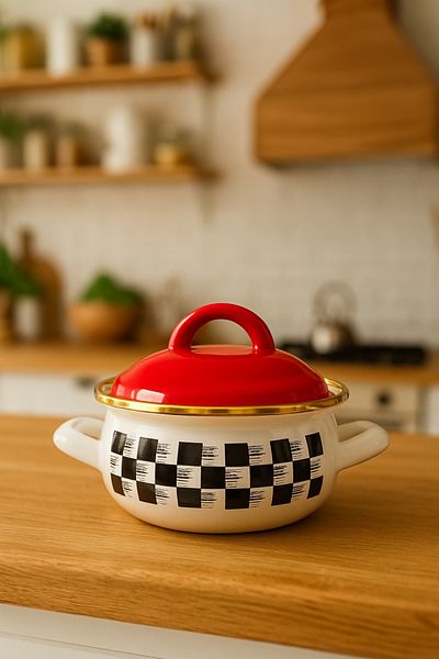 Sezka Life 1 Piece Checkerboard Pattern Enamel Pot 10 cm