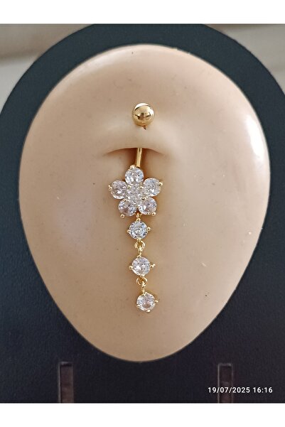 AyçaSilver Gold altın renk sallantılı göbek piercing papatya