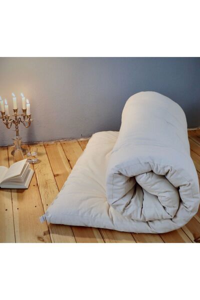 Rual Tek Kişilik Dolgulu Dekoratif Yer Yatağı Keten Kumaş Açık Krem Rengi 90x180 Cm (DÜĞMESİZ)