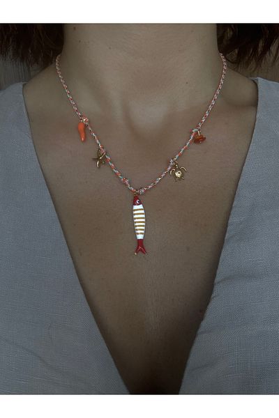 DGK COLLECTİON Fish Detailed Summer Necklace, Drawstring Metal Parts Steel Trend Necklace