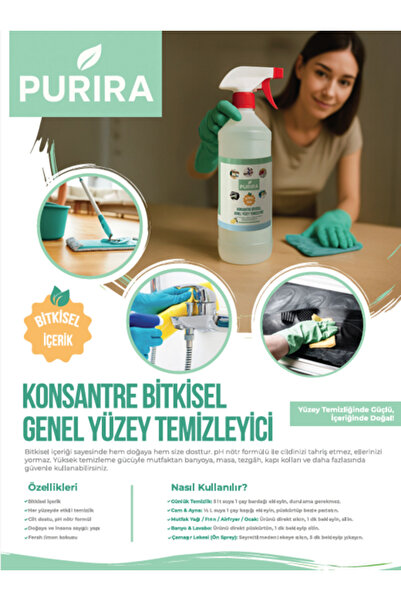 purira Bitkisel Çok Amaçlı Yüzey Temizleyici 1 Lt Yağ Çözücü Leke Çıkarıcı