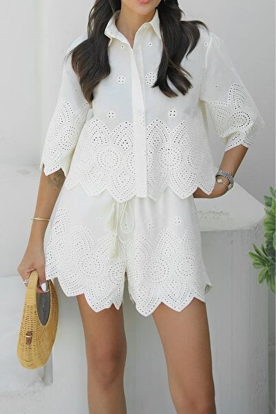 Suziş Shirt Collar Beige Color Scallop Detailed Shirt Shorts Set M38374