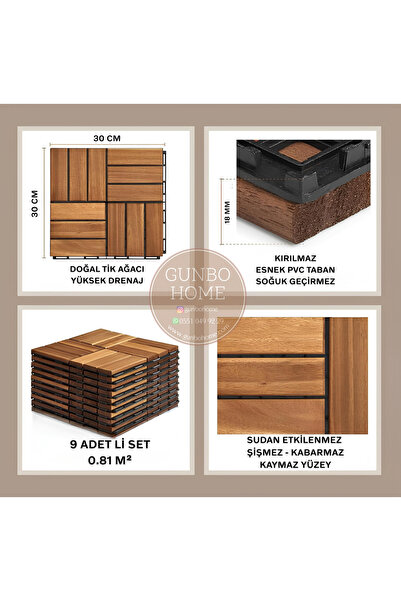 GUNBO OUTDOOR Teak Ağacı Yer Karosu 9 Adet 1 Koli Bahçe Banyo Deck Ahşap Karo Masif Yer Döşemesi Balkon Deck