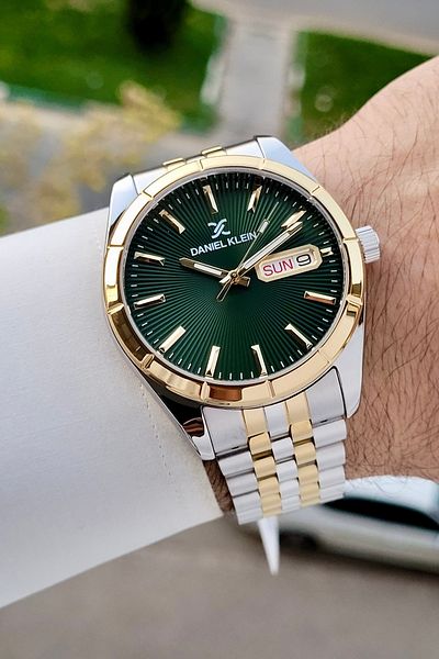 Daniel Klein Men's Wrist Watch with Green Dial Gold Silver Color Foksiyonlu