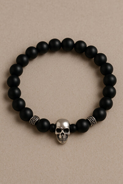 Puffy hematıt dogal Taşlı Kuru Kafa Detaylı Erkek Bileklik