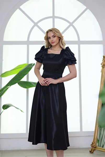 ASLIHANGÜNER Women's Square Necklace Black Satin Midi Length Mira Dress