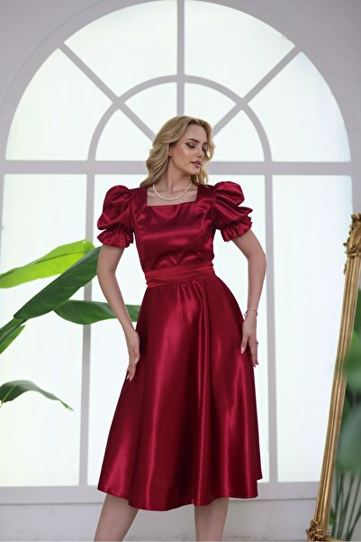ASLIHANGÜNER Women's Square Necklace Bordo Satin Midi Size Mira Dress
