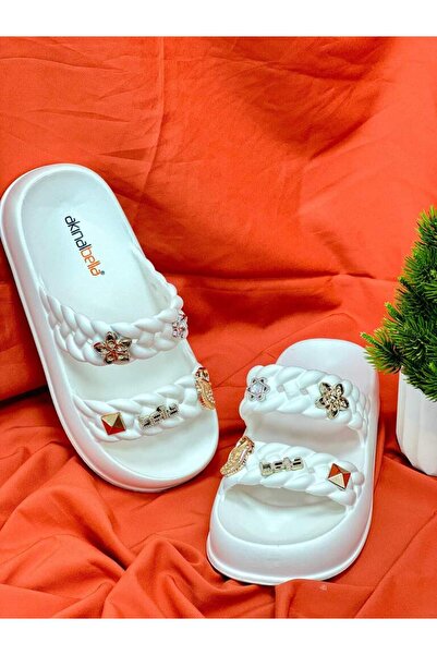Akınal Bella Akinal Bella E423 White High Sole Beach Pool Sea Garden Slippers Suitable for Daily Use