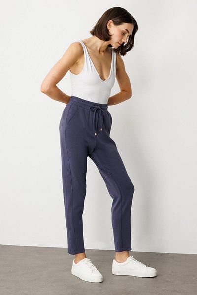 On Fashion Elastic Waist, Thick Side Stitched, Narrow Leg Pants. Bottom