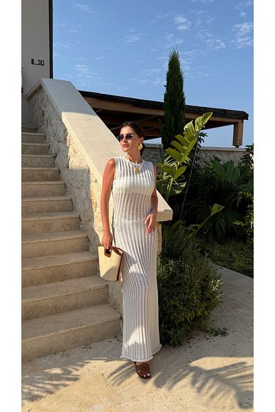 Julidress White Crew Neck Sleeveless Openwork Maxi Length Summer Dress