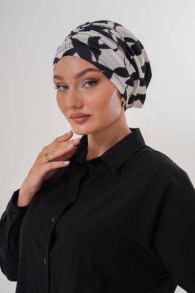 MAG FASHİON Beige Patterned Hijab Bonnet Daily Use Sports Bonnet Practical Shawl