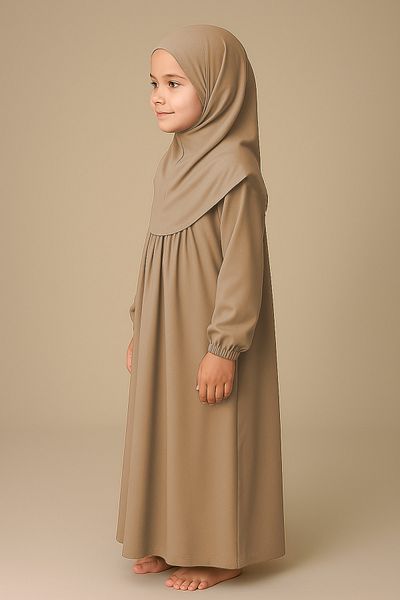 Mesa Charm One Piece Organic Cotton Hijab Plug and Remove Hijab Children's Prayer Dress Beige
