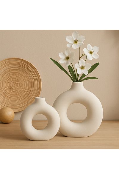 teknotrust Bohemian Ring Vase Set Decorative, Gift Raw White Table, Coffee Table, Tv Unit Without Flowers
