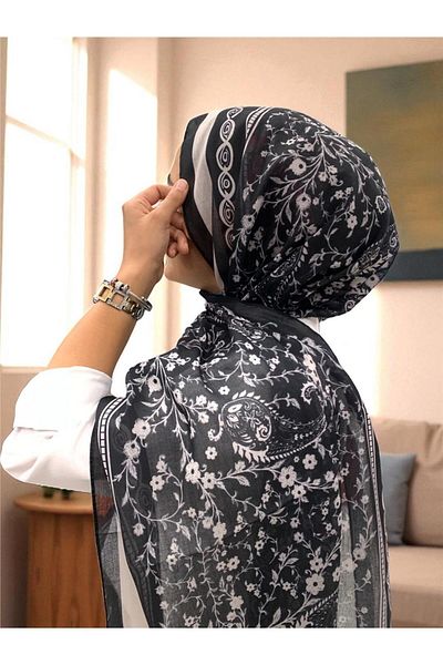 Baştacı 2025 Summer Season 0349 Kilim Pattern Black-White Shawl