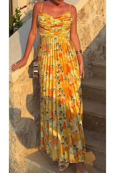 Julidress Yellow Floral Pattern Pleated Strapless Neckline Premium Satin Dress