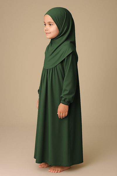 Mesa Charm One Piece Organic Cotton Hijab Plug and Remove Hijab Children's Prayer Dress Khaki