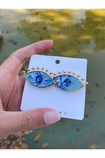 marsel aksesuar Marble Pattern Eyelash Eye Blue Earrings