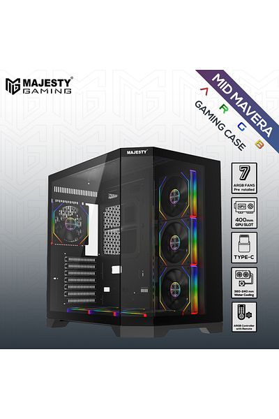 majesty صندوق ماجيستي ميدمافيرا ميد تاور، 7 مراوح ARGB، زجاج مقسى، دعم ATX، Type-C و2×USB 3.0 أسود