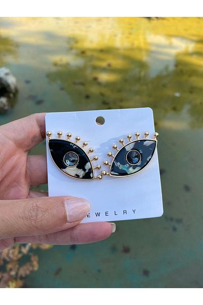 marsel aksesuar Marble Pattern Eyelash Eye Black Earrings
