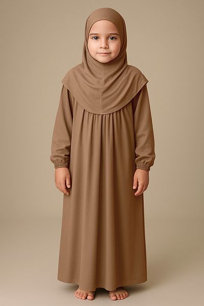 Mesa Charm One Piece Organic Cotton Hijab Plug and Remove Hijab Children's Prayer Dress Milk Coffee