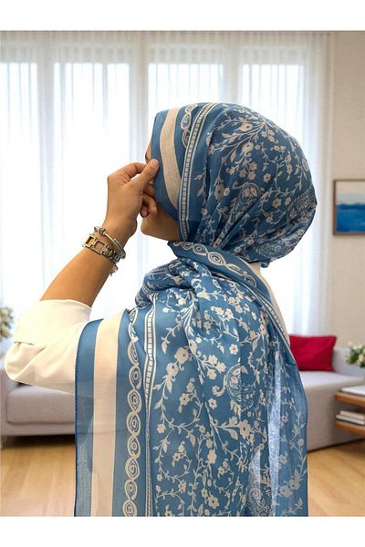 Baştacı 2025 Summer Season 0349 Kilim Pattern Denim Blue Shawl